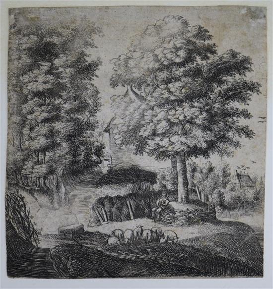 Lucas van Uden, Old Master engraving, Shepherd and flock beneath trees, collectors mark verso, 12 x 11cm, unframed